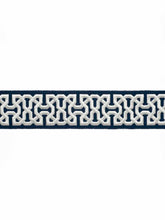 Load image into Gallery viewer, 3" Wide Cotton Viscose Navy Blue White Embroidered Geometric Drapery Tape Trim