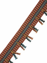 Load image into Gallery viewer, 2.25" Wide Rusty Red Beige Blue Stripe Tassel Fringe Drapery Tape Trim