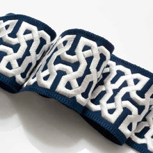 Load image into Gallery viewer, 3" Wide Cotton Viscose Navy Blue White Embroidered Geometric Drapery Tape Trim