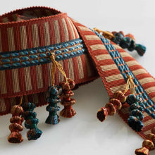 Load image into Gallery viewer, 2.25" Wide Rusty Red Beige Blue Stripe Tassel Fringe Drapery Tape Trim