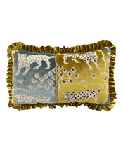 Load image into Gallery viewer, 10” X 16” Schumacher Woodland Leopard in Mineral &amp; Gold Lumbar Pillow With Pleated Trim