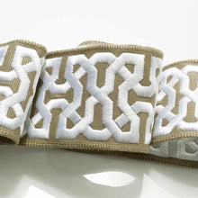 Load image into Gallery viewer, 3" Wide Cotton Viscose Taupe Ivory Embroidered Geometric Drapery Tape Trim