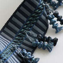 Load image into Gallery viewer, 2.25" Wide Navy Blue Stripe Tassel Fringe Drapery Tape Trim