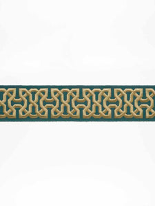 3" Wide Cotton Viscose Teal Beige Embroidered Geometric Drapery Tape Trim