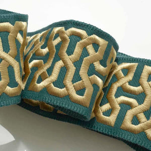 3" Wide Cotton Viscose Teal Beige Embroidered Geometric Drapery Tape Trim
