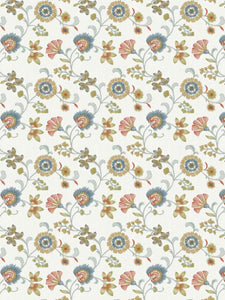 Cotton Floral Embroidered Cream Green Aqua Blue Brown Rusty Red Mustard Gold Drapery Fabric