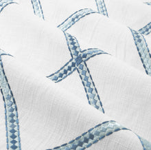Load image into Gallery viewer, Cotton Cream Aqua Navy Blue Geometric Embroidered Drapery Fabric