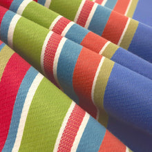 Load image into Gallery viewer, Bella Dura Indoor Outdoor Boardwalk Stripe Paradise Hot Pink Blue Green Coral Cream Upholstery Drapery Fabric FB