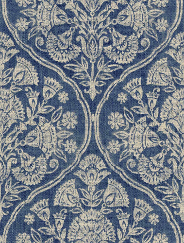 Cotton Linen Navy Blue Beige Floral Damask Upholstery Drapery Fabric FB
