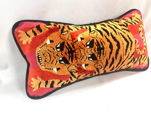 Double Tiger Lumbar Pillow in Schumacher Jokhang Velvet / Red & Pink