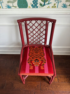 Red Rattan Chair in Schumacher’s Jokhang Tiger Velvet in Pink & Red II