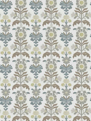 Cotton Blend Taupe Blue Grey Cream Floral Embroidered Drapery Fabric FB