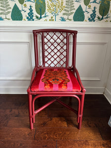 Red Rattan Chair in Schumacher’s Jokhang Tiger Velvet in Pink & Red