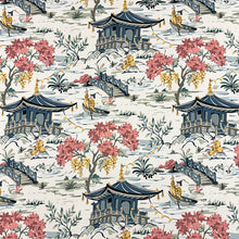 Load image into Gallery viewer, Ivory Coral Yellow Teal Blue Chinoiserie Upholstery Drapery Fabric MGF