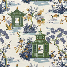 Load image into Gallery viewer, White Blue Mustard Green Asian Chinoiserie Cotton Upholstery Drapery Fabric MGF