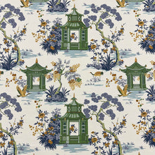 Load image into Gallery viewer, White Blue Mustard Green Asian Chinoiserie Cotton Upholstery Drapery Fabric MGF