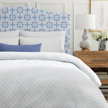 Load image into Gallery viewer, Cotton Aqua Blue White Small Scale Diamond Floral Upholstery Drapery Fabric