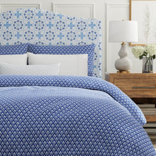 Load image into Gallery viewer, Cotton Navy Blue White Small Scale Diamond Floral Upholstery Drapery Fabric