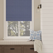 Load image into Gallery viewer, Cotton Navy Blue White Small Scale Diamond Floral Upholstery Drapery Fabric