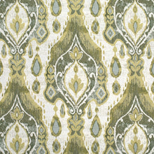 Load image into Gallery viewer, Off White Olive Green Aqua Blue Ikat Upholstery Fabric / Avocado