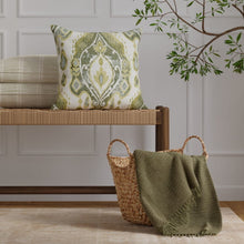 Load image into Gallery viewer, Off White Olive Green Aqua Blue Ikat Upholstery Fabric / Avocado