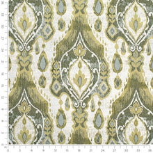 Load image into Gallery viewer, Off White Olive Green Aqua Blue Ikat Upholstery Fabric / Avocado