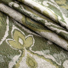 Load image into Gallery viewer, Off White Olive Green Aqua Blue Ikat Upholstery Fabric / Avocado