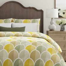 Load image into Gallery viewer, Ivory Aqua Chartreuse Olive Green Embroidered Geometric Drapery Fabric / Chartreuse