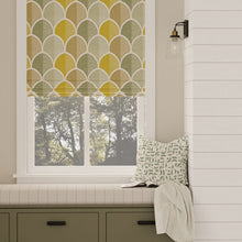 Load image into Gallery viewer, Ivory Aqua Chartreuse Olive Green Embroidered Geometric Drapery Fabric / Chartreuse