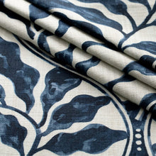 Load image into Gallery viewer, Navy Blue Indigo Beige Floral Abstract Cotton Upholstery Drapery Fabric / Ink