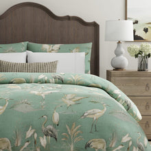 Load image into Gallery viewer, Teal Aqua Grey Bird Print Stork Chinoiserie Upholstery Drapery Fabric