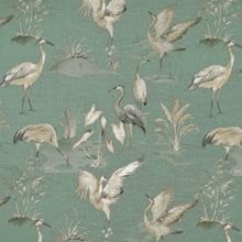 Load image into Gallery viewer, Teal Aqua Grey Bird Print Stork Chinoiserie Upholstery Drapery Fabric