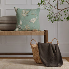 Load image into Gallery viewer, Teal Aqua Grey Bird Print Stork Chinoiserie Upholstery Drapery Fabric