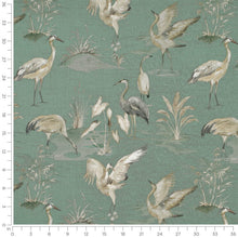 Load image into Gallery viewer, Teal Aqua Grey Bird Print Stork Chinoiserie Upholstery Drapery Fabric