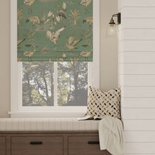 Load image into Gallery viewer, Teal Aqua Grey Bird Print Stork Chinoiserie Upholstery Drapery Fabric