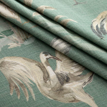 Load image into Gallery viewer, Teal Aqua Grey Bird Print Stork Chinoiserie Upholstery Drapery Fabric