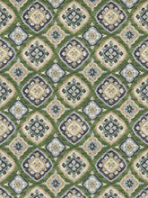 Load image into Gallery viewer, Navy Blue Green Beige Mustard Medallion Ikat Catton Upholstery Drapery Fabric FB