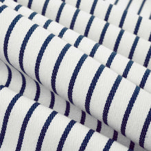 Load image into Gallery viewer, Bella Dura Indoor Outdoor Nikomis Ticking Stripe Navy Blue Cream Upholstery Drapery Fabric