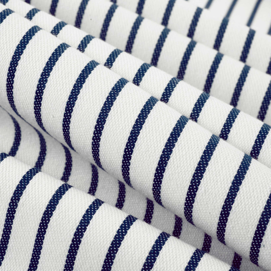 Bella Dura Indoor Outdoor Nikomis Ticking Stripe Navy Blue Cream Upholstery Drapery Fabric