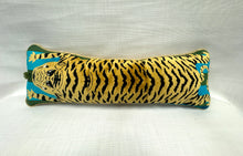 Load image into Gallery viewer, 10” X 30” Schumacher Jokhang Tiger Velvet Peacock &amp; Olive Lumbar Pillow