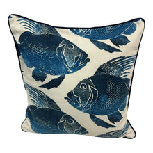 Load image into Gallery viewer, 24” X 24” Navy Blue &amp; White Nautical Fish Print Pillow Cover