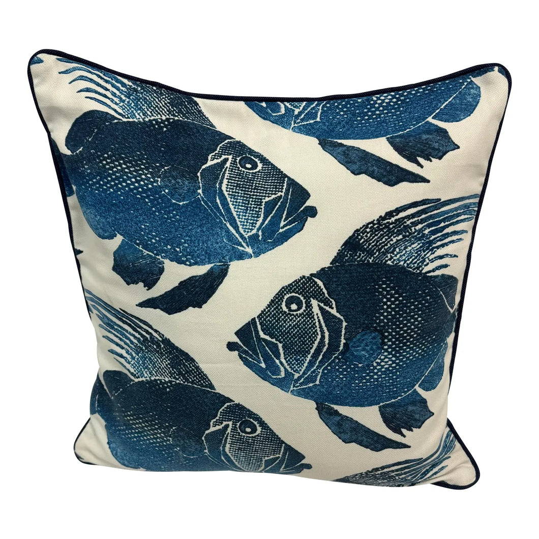 24” X 24” Navy Blue & White Nautical Fish Print Pillow Cover