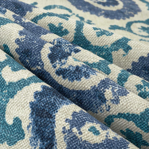 Cotton Linen Beige Navy Blue Turquoise Medallion Upholstery Drapery Fabric FB