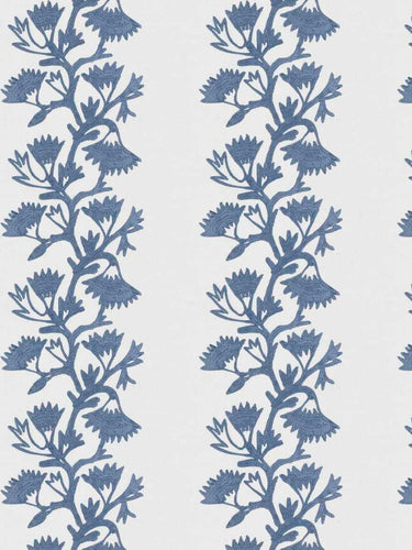 Cotton Linen Cream French Blue Floral Crewel Embroidered Drapery Fabric FB