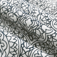 Load image into Gallery viewer, Cotton Blend White Navy Blue Medallion Embroidered Drapery Fabric FB