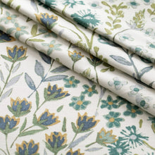 Load image into Gallery viewer, White Green Teal Mustard Navy Blue Floral Upholstery Drapery Fabric / Meadow
