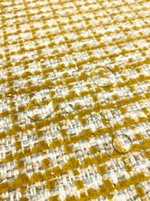 Load image into Gallery viewer, Designer Water Stain Resistant Mustard Yellow Cream Grey Blue Chenille Tweed Upholstery Fabric STA 5020