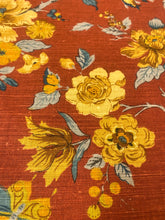 Load image into Gallery viewer, Vintage Rusty Red Mustard Gold Teal Bird Horal Cotton Upholstery Drapery Fabric WHS 5168