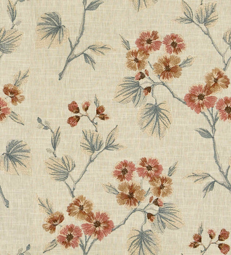 Cotton Floral Embroidered Beige Teal Orange Coral Brown Drapery Fabric