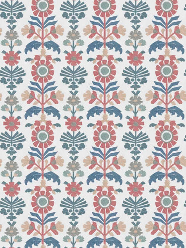 Cotton Blend Blue Peach Coral Grey Cream Floral Embroidered Drapery Fabric FB